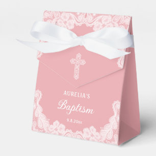 White Lace on Pink Baptism Tent Favor Boxes