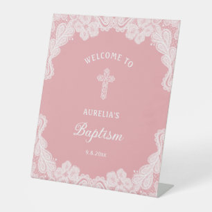 White Lace on Pink Baptism Welcome Pedestal Sign