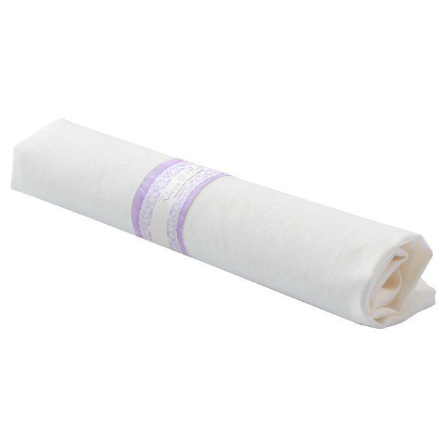 White lace on purple custom wedding napkin bands (Angled)