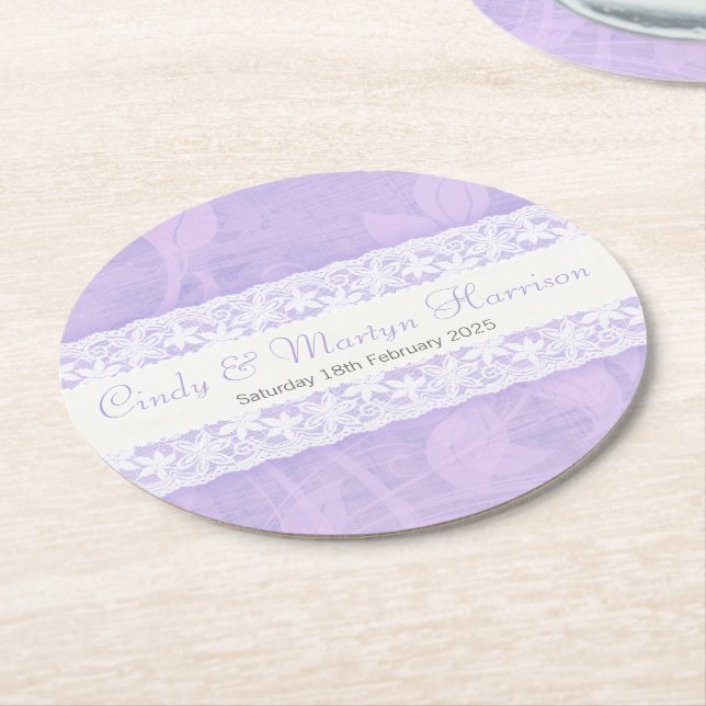 White lace on purple custom wedding paper coasters (Angled)