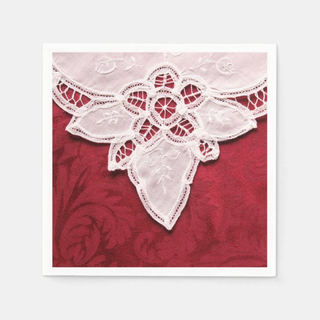 White lace on red fabric paper napkins (Front)
