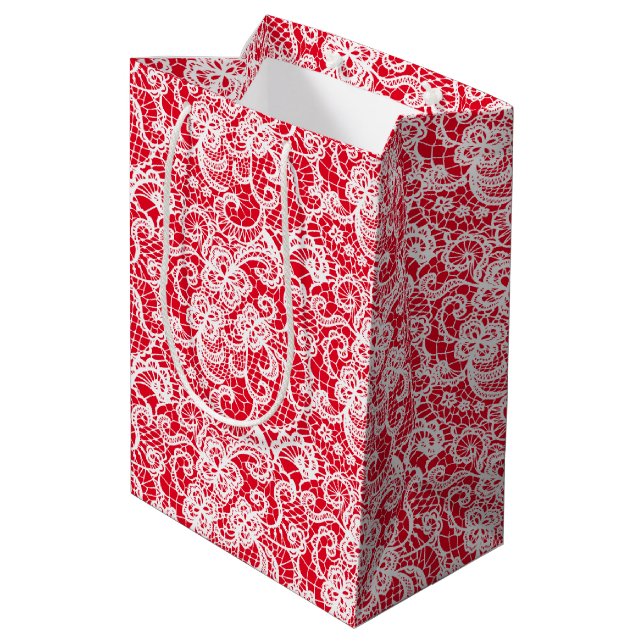White Lace on Red Medium Gift Bag (Back Angled)