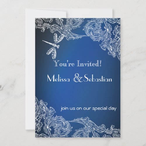 White Lace on Royal Blue  Dragonflies Invitation
