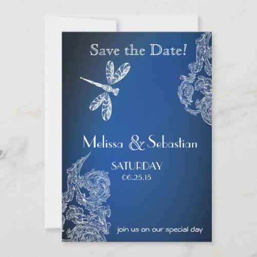 White Lace on Royal Blue  Dragonflies Save The Date