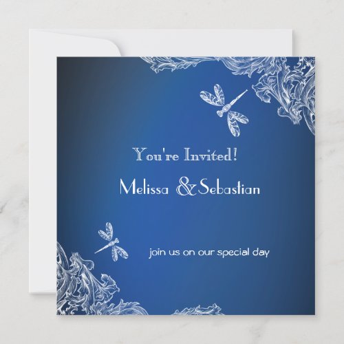 White Lace on Royal Blue  Dragonflies  Wedding Invitation