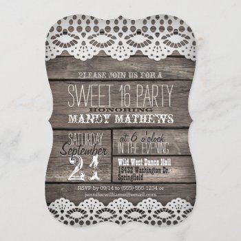 White Lace On Rustic Brown Wood Sweet 16 Party Invitation by Card_Stop at Zazzle