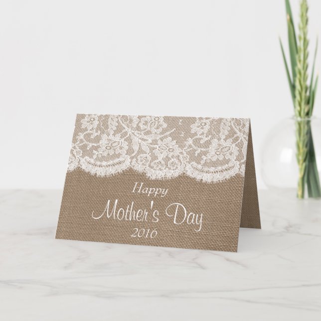 White Lace On Rustic Burlap Happy Mother's Day Card (Front)