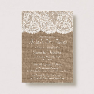 White Lace On Rustic Burlap Mother's Day Brunch Invitation