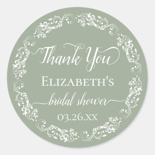 White Lace on Sage Green Bridal Shower Thank You Classic Round Sticker