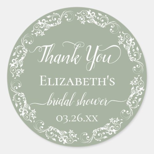 White Lace on Sage Green Bridal Shower Thank You Classic Round Sticker