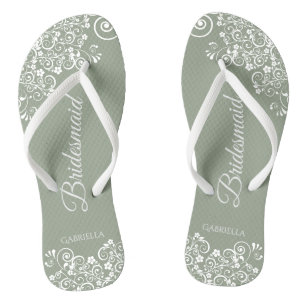 White Lace on Sage Green Bridesmaid Wedding Flip Flops