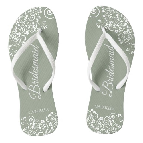 White Lace on Sage Green Bridesmaid Wedding Flip Flops