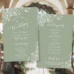 White Lace on Sage Green Budget Wedding Program<br><div class="desc">These wedding programs are elegant and tasteful,  while still being budget friendly. The design features an ornate white floral lace pattern on a sage green colored background. The typography features lacy script calligraphy,  and there is room for details on the ceremony,  the bridal party,  and a short thank you.</div>