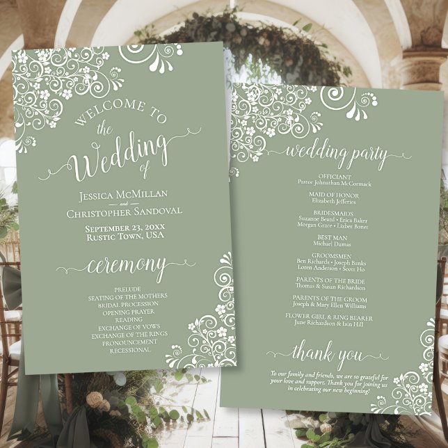 White Lace on Sage Green Budget Wedding Program (Front/Back)