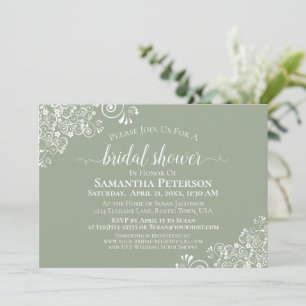 White Lace on Sage Green Elegant Bridal Shower Invitation