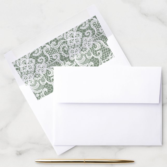 White Lace On Sage Green Envelope Liner (Desk)