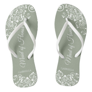 White Lace on Sage Green Maid of Honor Wedding Flip Flops