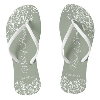 White Lace On Sage Green Maid Of Honor Wedding Flip Flops by ZingerBug at Zazzle