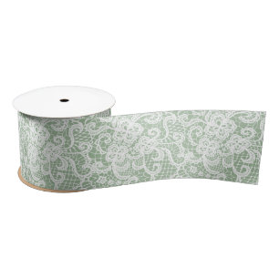 White Lace on Sage Green Satin Ribbon