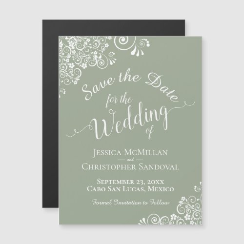 White Lace on Sage Green Save the Date Magnet