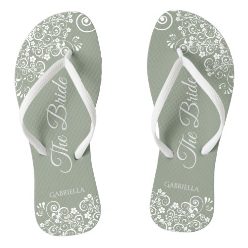 White Lace on Sage Green The Bride Elegant Wedding Flip Flops