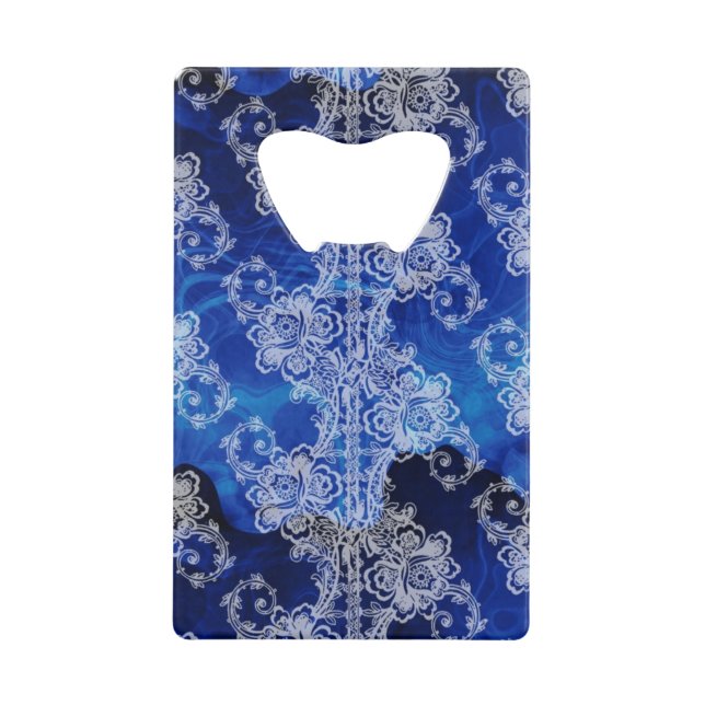 White Lace on Swirling Blues Abstract Credit Card Bottle Opener (Front)