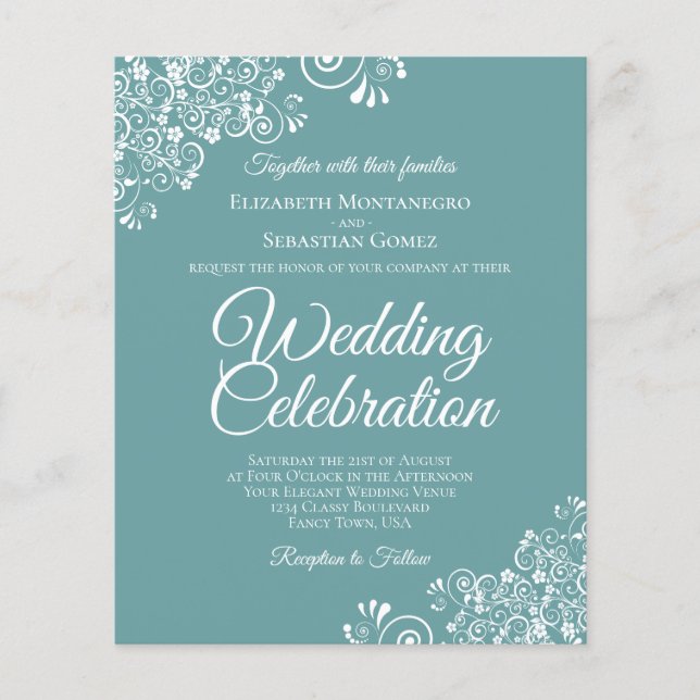 White Lace on Teal BUDGET Wedding Invitation (Front)