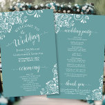 White Lace on Teal Budget Wedding Program<br><div class="desc">These wedding programs are elegant and tasteful, while still being budget friendly. The design features an ornate white floral lace pattern on a teal, aqua, or turquoise colored background. The typography features lacy script calligraphy, and there is room for details on the ceremony, the bridal party, and a short thank...</div>