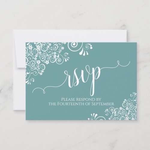 White Lace on Teal Elegant Calligraphy Wedding RSVP Card