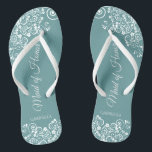White Lace on Teal Elegant Maid of Honor Wedding Flip Flops<br><div class="desc">These beautiful wedding flip flops are a great way to thank and recognize your Maid of Honor while saving her feet at the same time. Features an elegant design with white floral lace filigree on a teal or turquoise colored background. The elegant script lettering reads Maid of Honor with her...</div>