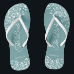White Lace on Teal Simple Elegant Bride's Wedding Flip Flops<br><div class="desc">Dance the night away with these beautiful wedding flip flops. Designed for the bride, they feature a simple yet elegant design with fancy script lettering on a teal background and white lace curls and swirls. Beautiful way to stay fancy and appropriate while giving your feet a break after a long...</div>