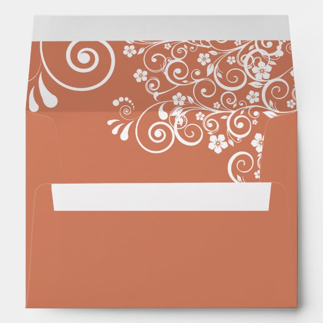 White Lace on Terracotta Coral Elegant Wedding Envelope (Back (Bottom))