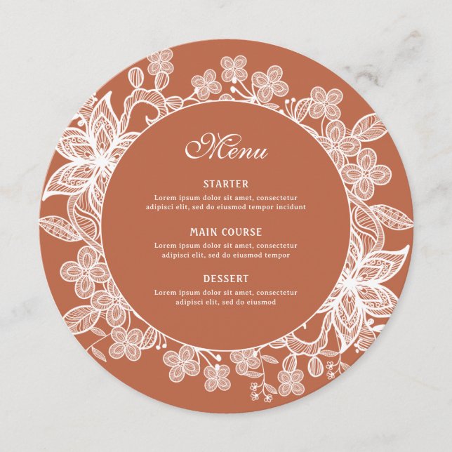 White Lace on Terracotta Round Menu (Front)