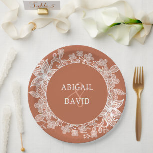 White Lace on Terracotta Wedding Paper Plates