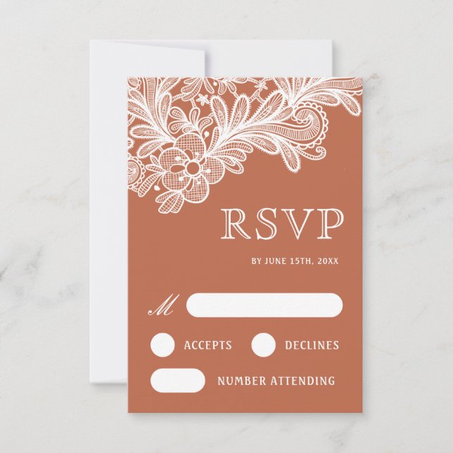 White Lace on Terracotta Wedding RSVP Card (Front)