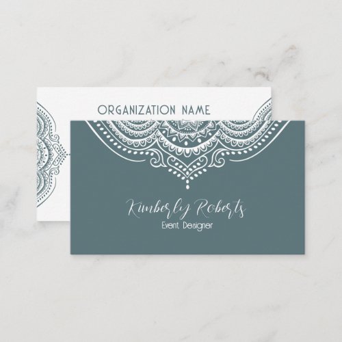 White Lace Paisley Mandala on Blue_gray Business Card