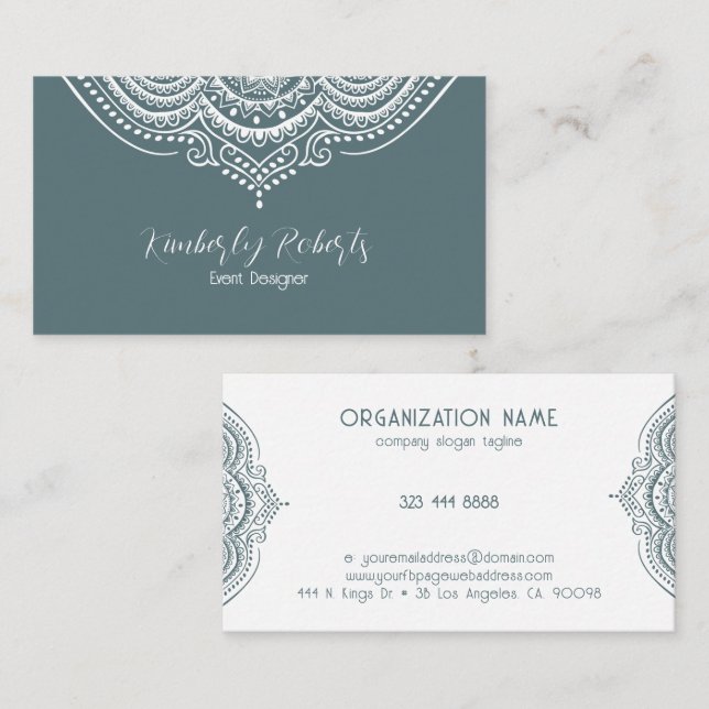 White Lace Paisley Mandala on Blue-gray Business Card (Front/Back)