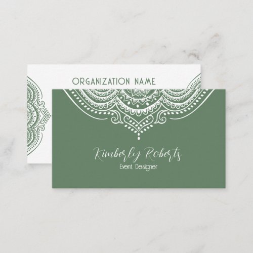 White Lace Paisley Mandala on Olive Green Business Business Card