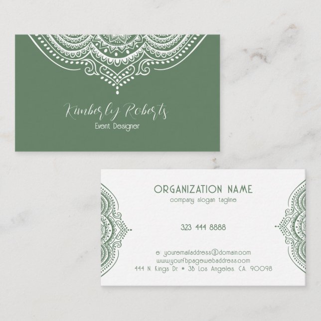 White Lace Paisley Mandala on Olive Green Business Business Card (Front/Back)
