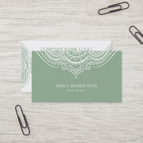 White Lace Paisley Mandala On Sage Green Business Card