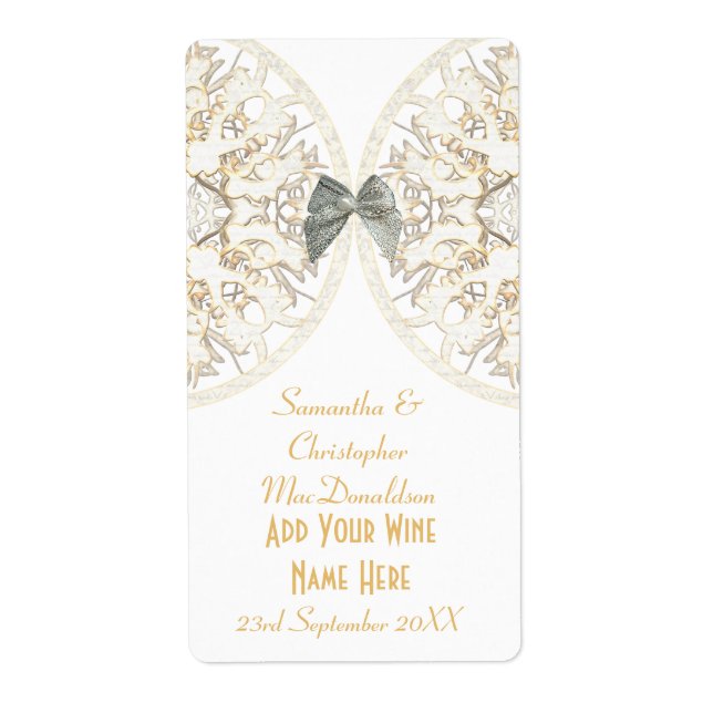 White lace papercut damask wedding wine bottle label (Front)