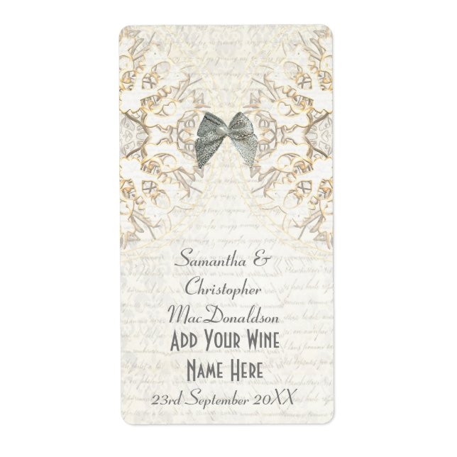 White lace papercut parchment wedding wine bottle label (Front)