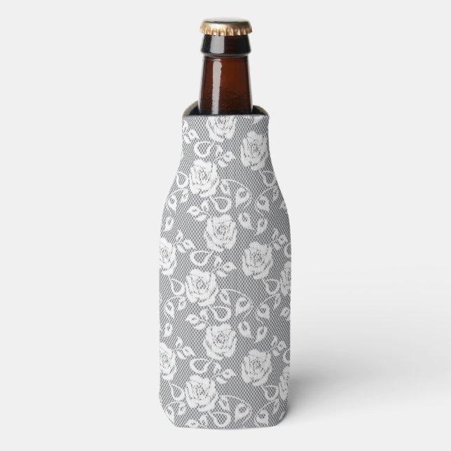 White lace pattern on gray background bottle cooler (Bottle Front)