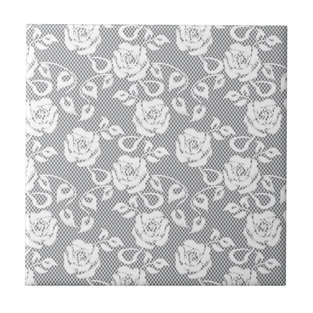 White lace pattern on gray background ceramic tile (Front)