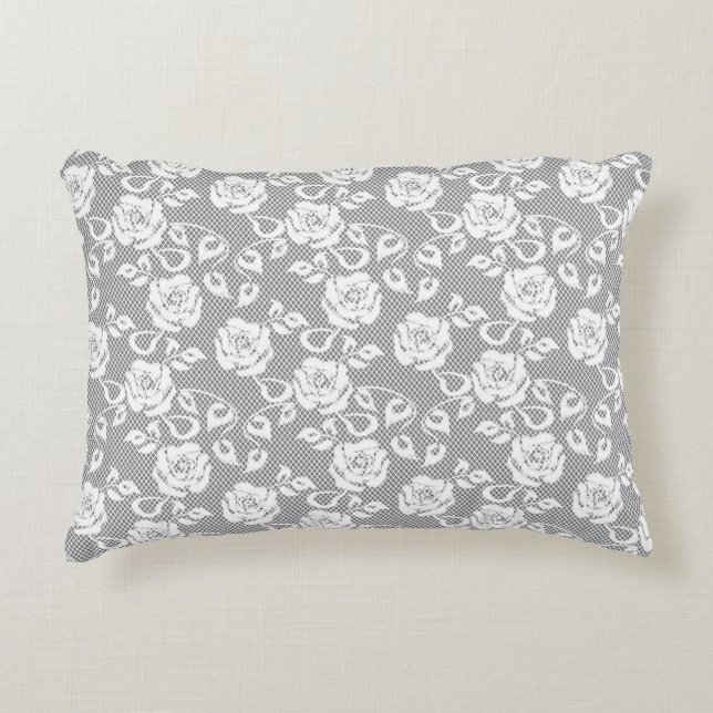 White lace pattern on gray background decorative pillow (Front)