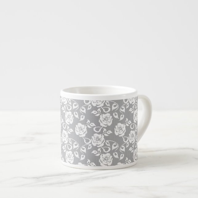 White lace pattern on gray background espresso cup (Front Right)