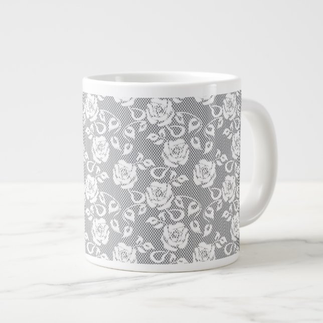 White lace pattern on gray background giant coffee mug (Front Right)