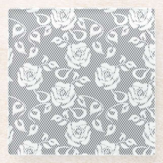 White lace pattern on gray background glass coaster (Front)