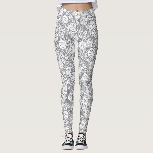 White lace pattern on gray background leggings (Front)