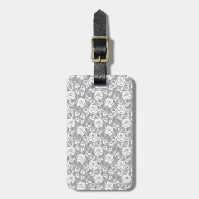 White lace pattern on gray background luggage tag (Front Vertical)